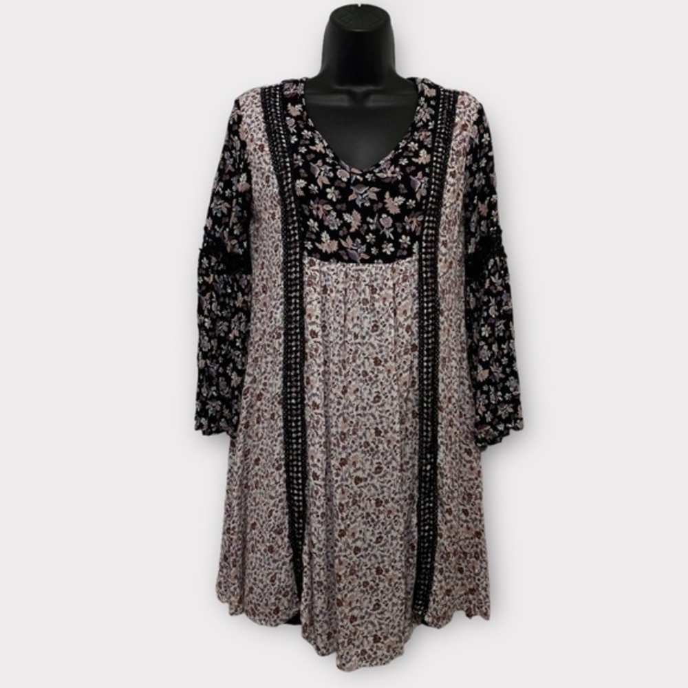 Cato Black & Pink Floral Long Sleeve Mini Tunic Dress Size Small